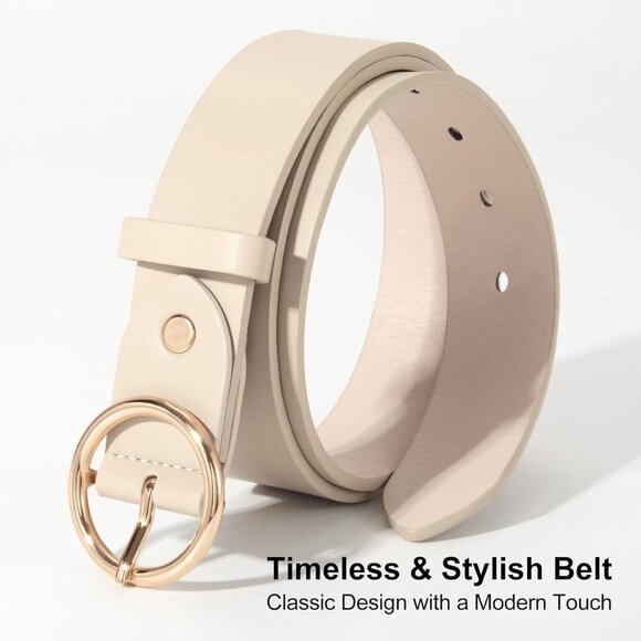 Women Leather Belt with Circle Gold Buckle Fashion Ladies Waist Belt Beige main image 5